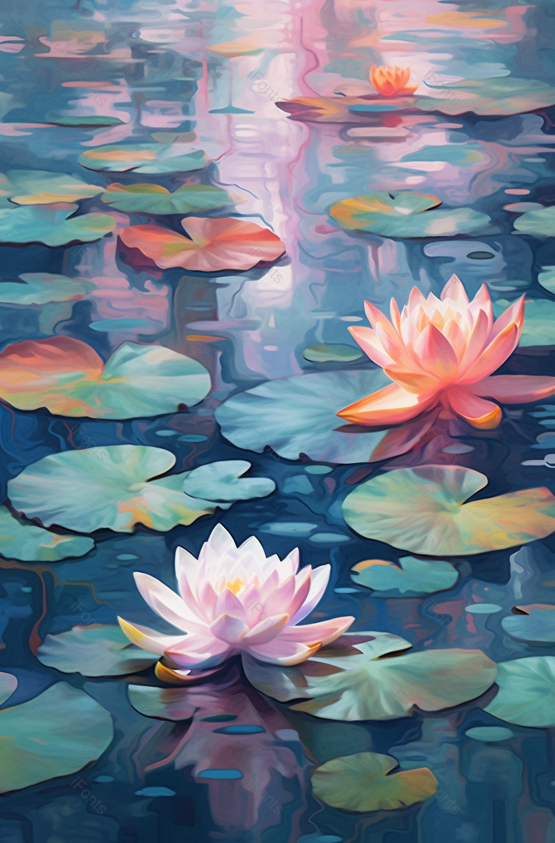 厚涂写实荷花盛开蓝绿色插画背景,插画/手绘图,插画/手绘图库,插画/手绘图下载,插画/手绘